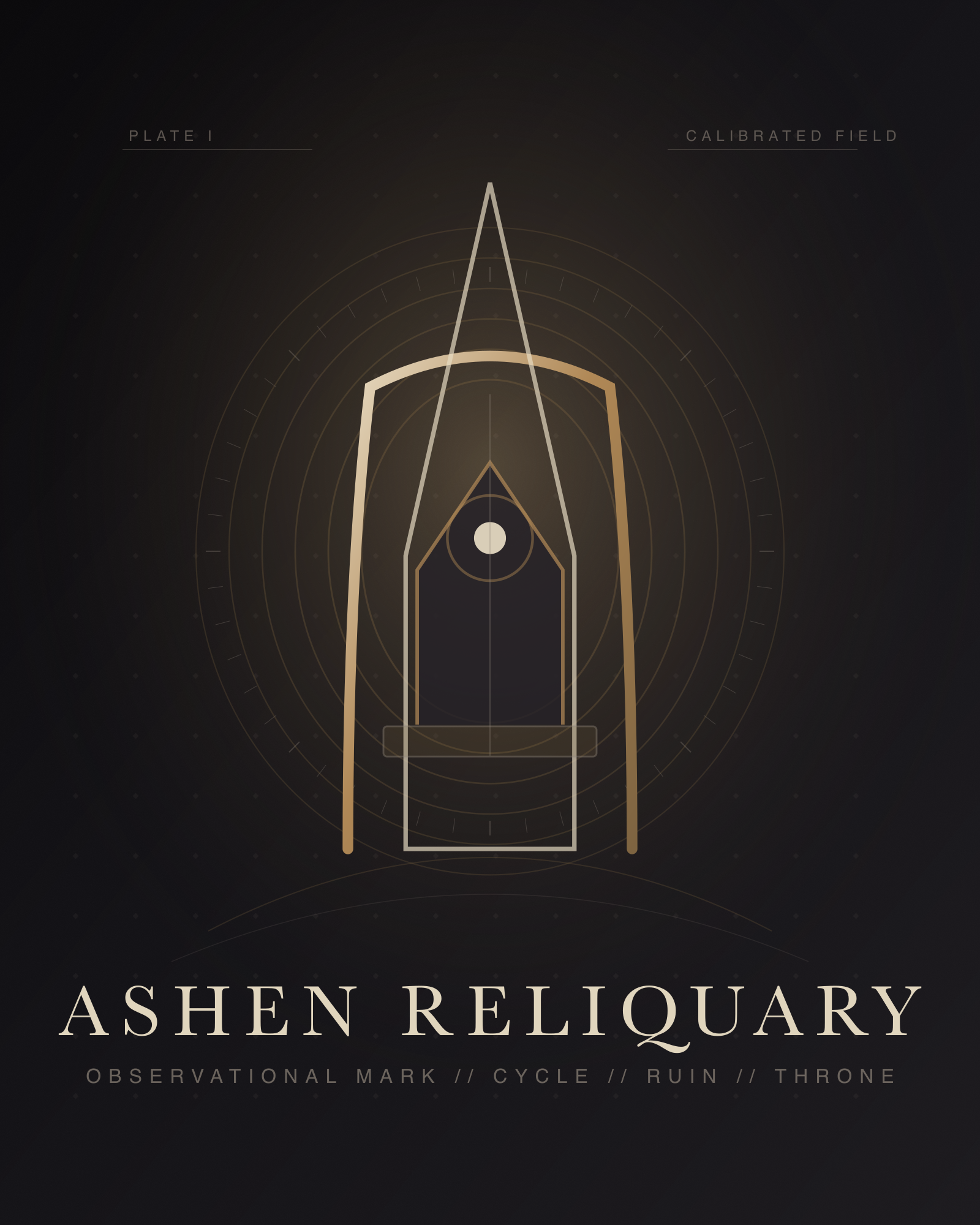 Ashen Reliquary brand canvas inspired by ritual geometry and ruined architecture.
